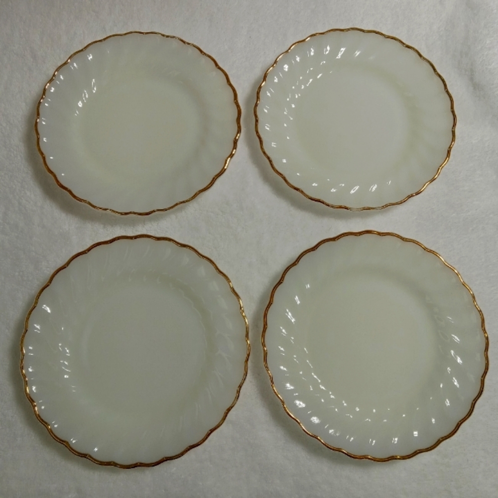 Fire King milk glass white swirl anniversary gold anchor hocking mcm 4 dishes 7"